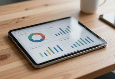 A close-up shot of a modern tablet displaying data analytics charts on a clean wooden desk. Professional South American / Brazilian setting with soft morning light.