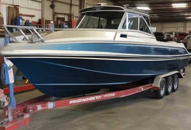 Close-up of a pontoon boat undergoing fiberglass and gelcoat restoration by a focused marine specialist.