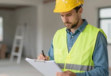 Close-up of a detailed strata report document with charts and notes.