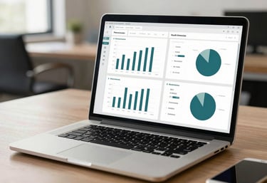 A modern laptop on a desk in a South American / Brazilian office showing a clean financial dashboard with professional charts in muted sage and dark teal.