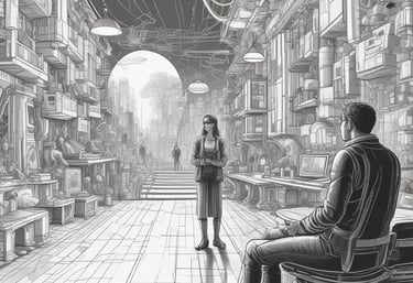 Abstract visualization of interconnected AI narratives flowing through a minimalist interface.