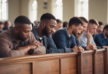 Men in fellowship sharing a moment of prayer and encouragement.