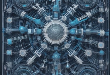 Futuristic geometric shapes interlaced with data flow lines in a tech-luxe palette.