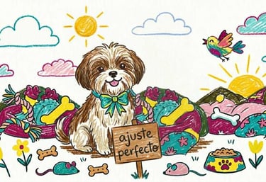 Dibujo a lápiz de un perro Shih Tzu con juguetes, huesos y un cartel que dice "ajuste perfecto".