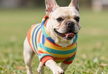 Bulldog francés con camisa de rayas de colores
