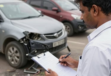 A professional surveyor inspecting a fire-damaged commercial building.