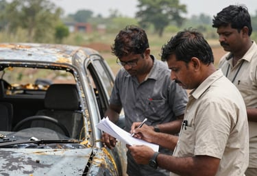 A professional surveyor inspecting a fire-damaged commercial building.