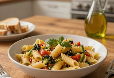 Plato de pasta mediterránea casera con verduras y aceite de oliva, comida económica y nutritiva