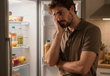 Profesional agotado mirando la nevera abierta sin saber qué comer, escena nocturna en cocina cálida