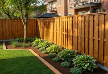 Plate-bande linéaire avec hostas panachés et couvre-sols devant une clôture en bois par M2 Paysage
