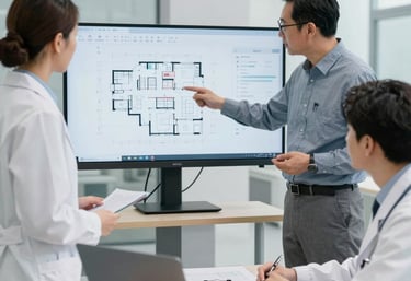 A team of healthcare consultants discussing hospital blueprints in a modern office.