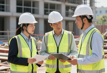 A team of healthcare consultants discussing hospital blueprints in a modern office.