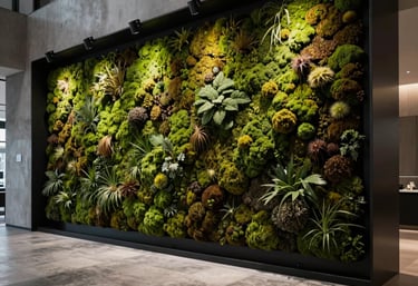 Atmospheric architectural photography of a dark moss green living wall inside a minimalist black steel and concrete lobby, sophisticated lighting.
