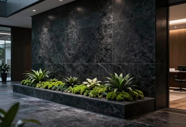 Clean, minimal dark corporate office lobby in South America at night, focus on black stone textures and dark moss green plants, sophisticated aura.