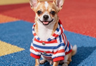 Un chihuahua sonriente de pelo corto con una sudadera a rayas rojas, blancas y azules .