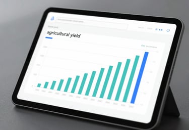 Data visualization on a tablet screen showing agricultural yield growth alongside solar energy production graphs. Clean, high-tech aesthetic.