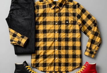 An overhead view of a laid-back outfit flat lay featuring sneakers, denim, and accessories.