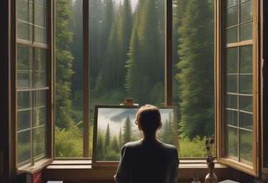 A cozy workspace with colorful clip art sketches and handburned hats hanging nearby.