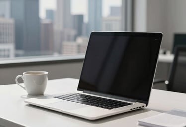 A bright, minimalist executive office workspace with a high-end laptop, a white ceramic coffee cup, and a blurred view of a US city skyline.