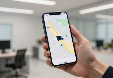 A hand holding a smartphone displaying a map of the Al Ain region with a delivery truck icon, focus on the screen, clean modern office in the background.