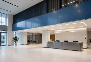 A minimalist corporate lobby in a North American / US tech hub. Sophisticated architecture, off-white floors, steel blue accents, high-end photography.