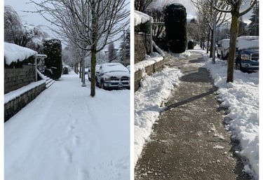 Before and after of a sidewalk that was cleared from snow.