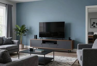A wide shot of a contemporary open-plan living room in a North American home featuring a large TV setup, soft blue and grey tones.