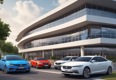 Showroom front of kd motocorp bustling with customers and Tata Motors vehicles on display.