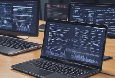 A diverse team collaborating over laptops in a modern office with deep navy and action blue accents.