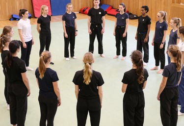 Group of adults training Krav Maga in a bright, modern gym setting in Austria.