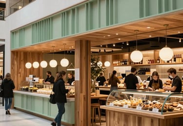 An interior shot of a modern gastronomic market in Spain with clean architectural lines, warm wood finishes, and sage green decorative elements, bustling yet elegant.