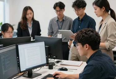 A sleek, dark-themed office space with a team collaborating over laptops and digital sketches.