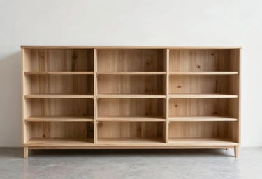 A wide shot of a perfectly assembled modern furniture unit in a minimalist French interior, emphasizing clean lines and expert craftsmanship, bright lighting.