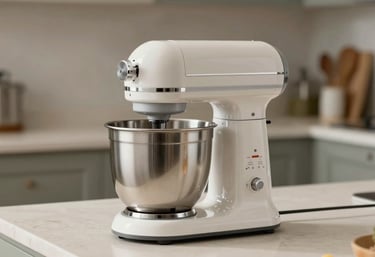 A high-end kitchen mixer and blender sitting on an off-white counter, looking pristine and newly restored.
