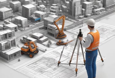 Engineer using BricsCAD software on a laptop outdoors at a construction site.