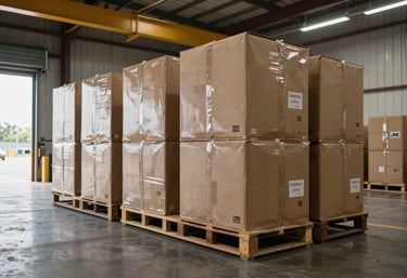 Wide-angle shot of professional industrial packaging ready for shipment on a clean North American loading dock.