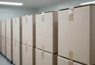 An organized row of modern delivery boxes inside a minimalist South American / Colombian logistics center, metallic Silver surfaces and bright Soft Off-white lighting.
