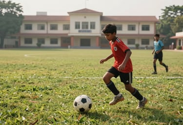 Photography of South Asian / Indian children playing football on a lush green school field with the campus building in the background under bright morning light.