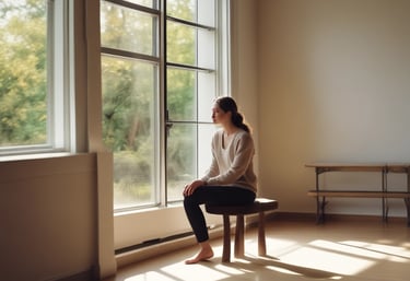 A woman journaling in a peaceful, sunlit space.