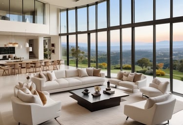 A cozy, stylish living room digitally designed with warm lighting and elegant furniture.