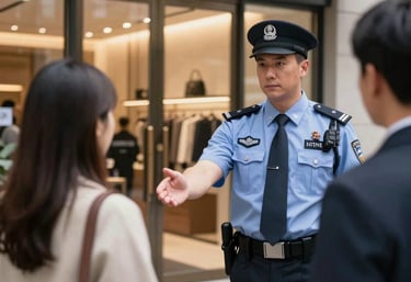 A security guard professionally greeting visitors at the entrance of a high-end retail facility in a North American urban environment.