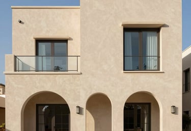 Modern architectural blueprint with orange highlights on a minimalist desk.
