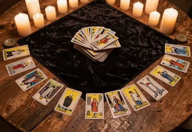 A softly lit wooden table adorned with herbs, crystals, and tarot cards under golden candlelight.