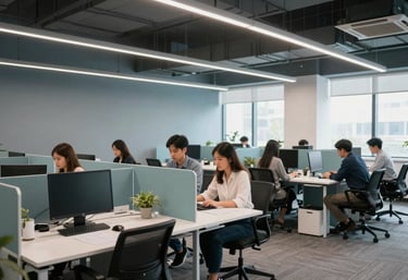 A modern, bright coworking space with professionals working at desks, clean lines, stormy blue-grey and soft teal aesthetic, high-end photography.