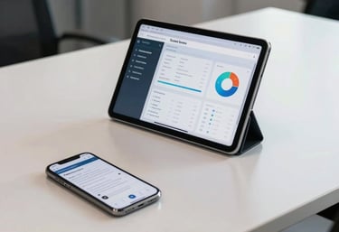 A clean and modern South American / Brazilian office setting showing a tablet and a smartphone displaying network analytics on a minimalist desk, reflecting high-quality service.