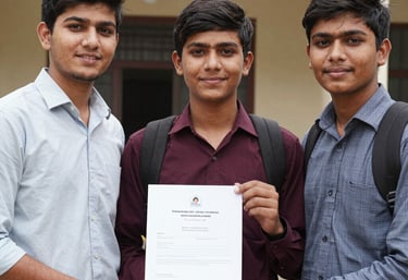 A student happily receiving university acceptance letter in a cozy study room.