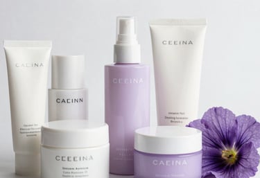 Close-up of premium skincare products in minimalist white and lilac packaging, arranged artistically next to a fresh flower. Clean, bright photography, South American / Brazilian lifestyle aesthetics.