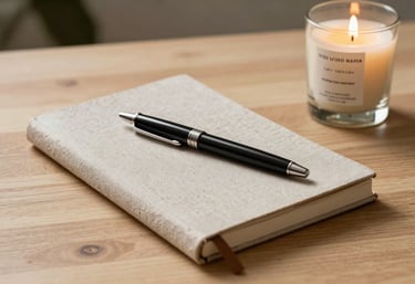 A lifestyle composition featuring a linen notebook, a designer pen, and a high-quality scented candle on a light-colored wooden table. Sophisticated and calm atmosphere, South American / Brazilian interior vibe.