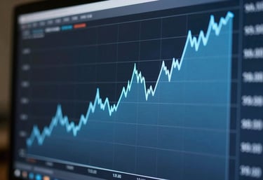 A detailed view of a modern financial chart on a screen, showing steady upward growth with light blue and dark blue color tones.