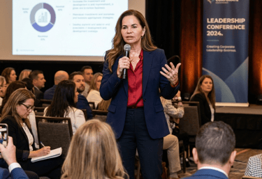 Professional female speaker presenting realtor investment strategies at a 2024 leadership conference.